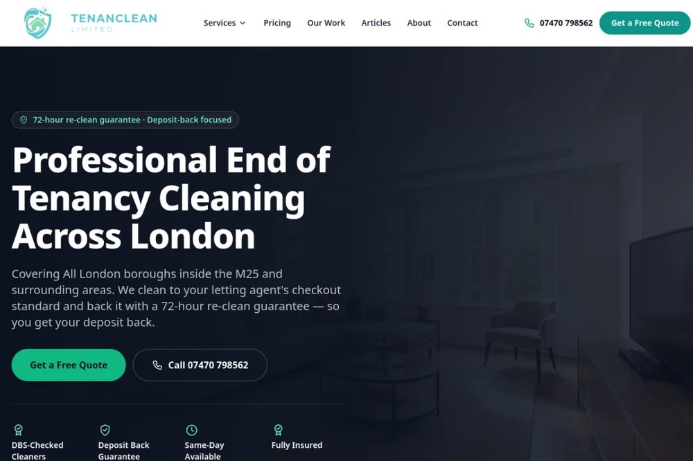 Tenanclean website — Deposit-back cleaning with instant online booking